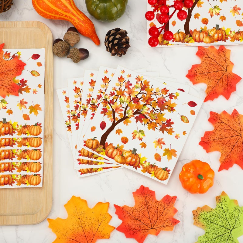 peony man 100 Pcs Fall Cocktail Napkins Fall Tree Paper Napkin 3 Ply Pumpkin Maple Leaves Party Dinner Napkins Disposable Autumn Beverage Napkin for Thanksgiving Autumn Harvest Party Supplies Table Decor - Image 5